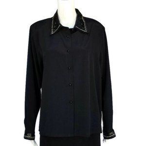 Vintage Yves St. Clair Blouse Long Sleeve Embellished Black Button Front Womens